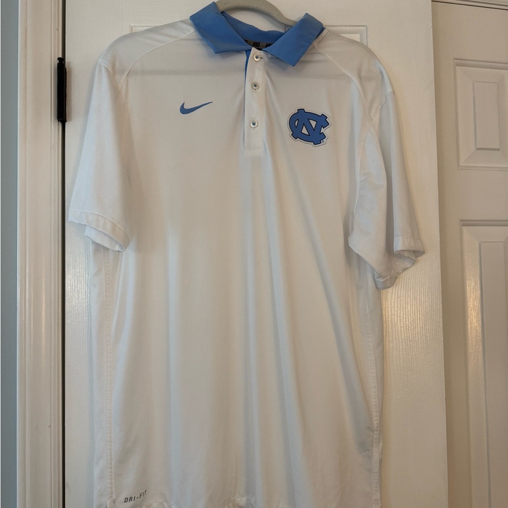 Nike Men's White Polo Shirt with Light Blue Accents- UNC Dri Fit